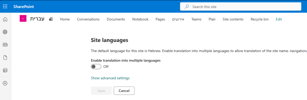 אתר SharePoint בעברית שמוצג באנגלית