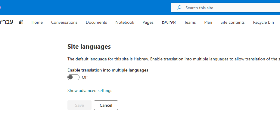 אתר SharePoint בעברית שמוצג באנגלית